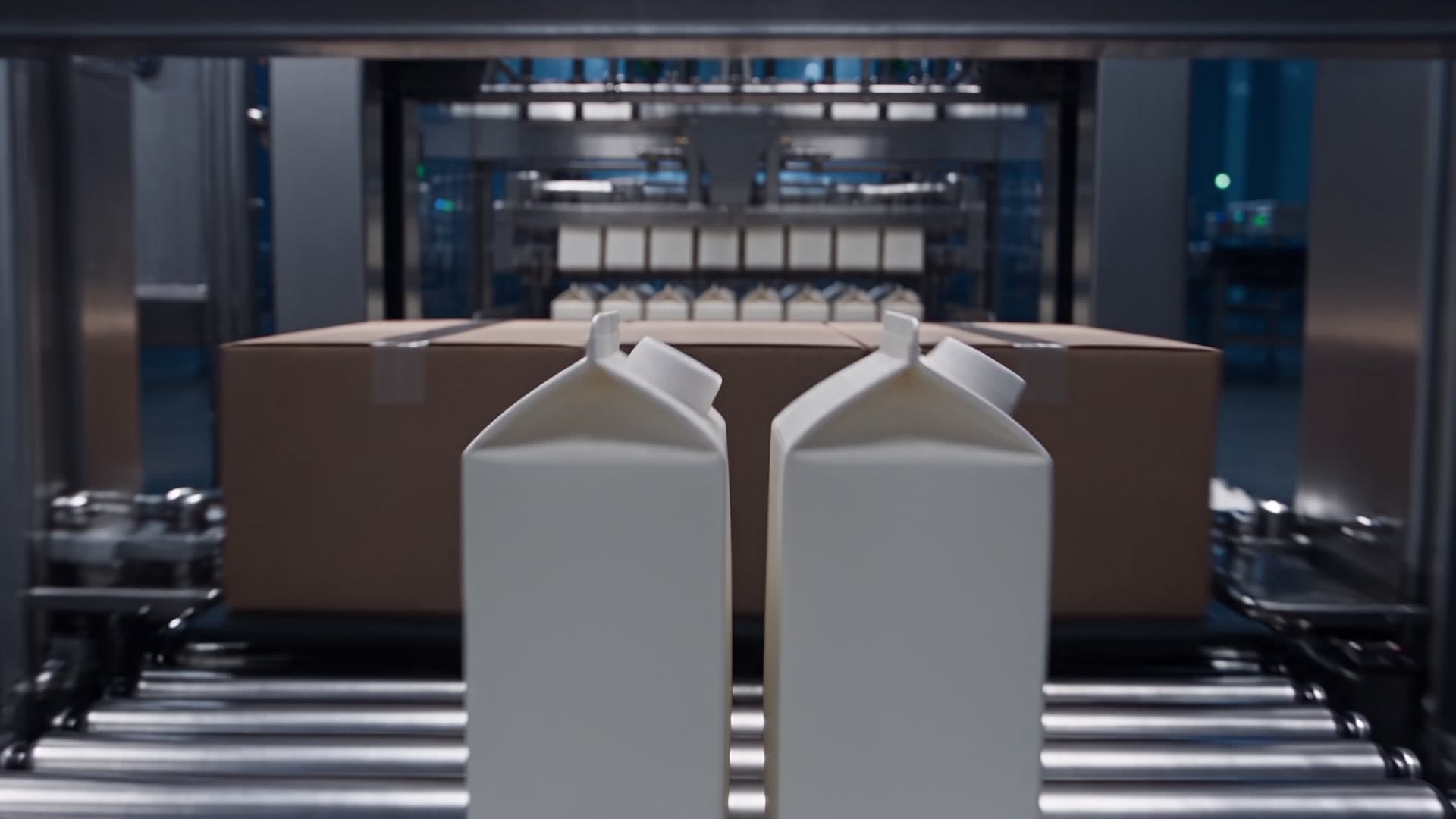Milchverpackungen auf einer industriellen Verpackungslinie